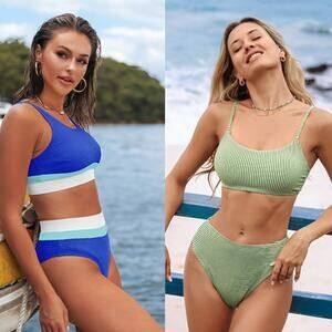 NWT Cupshe Colorblock Bralette & Banded High Waist Bikini Set BUNDLE Size  L